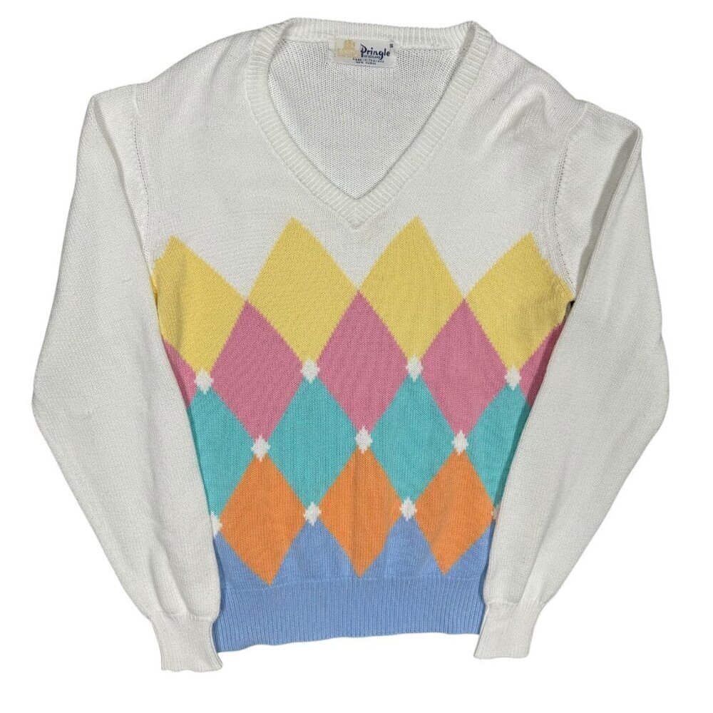 Vintage Pringle of Scotland Colorful Diamond Cotton V-Neck Sweater Knit Small